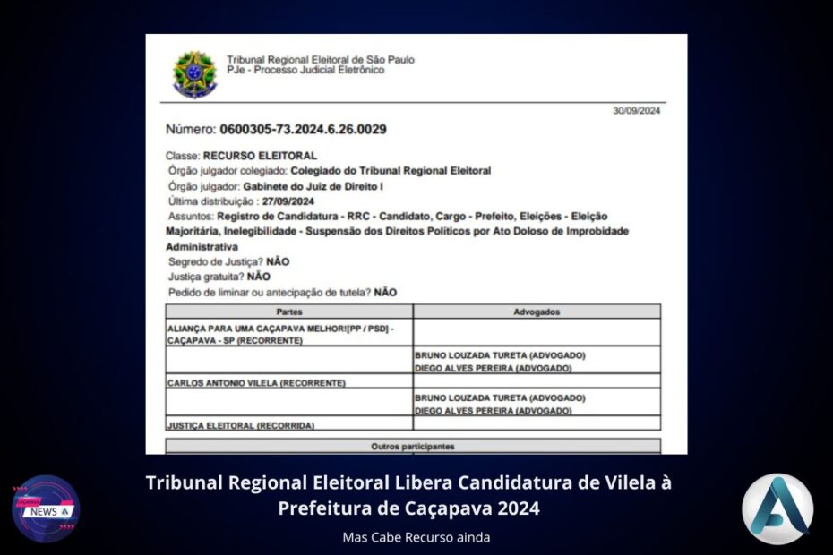 Justiça Eleitoral Libera Candidatura de Vilela à Prefeitura de Caçapava 2024