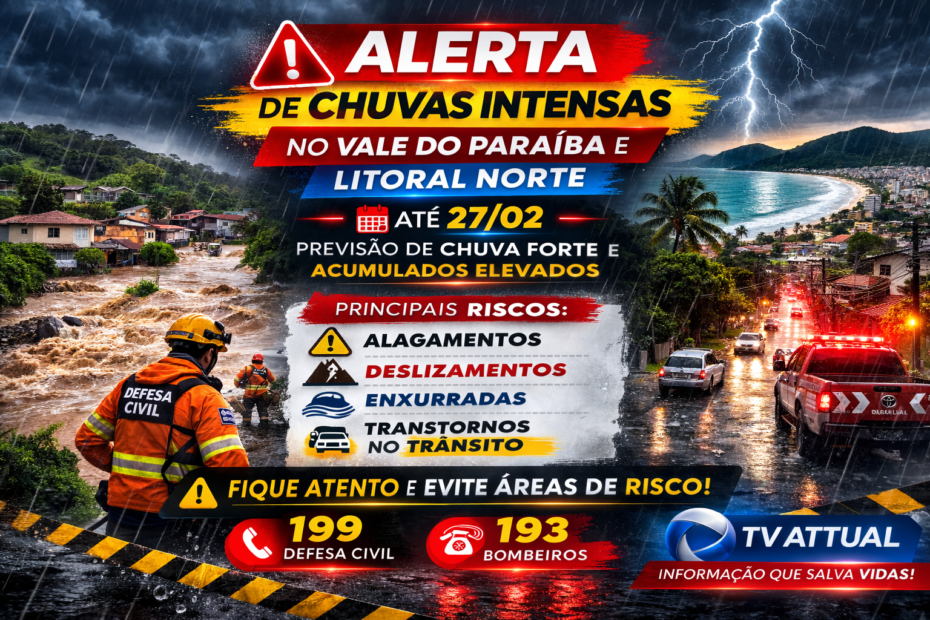 🚨 Defesa Civil renova alerta de chuvas intensas no Vale do Paraíba e Litoral Norte
