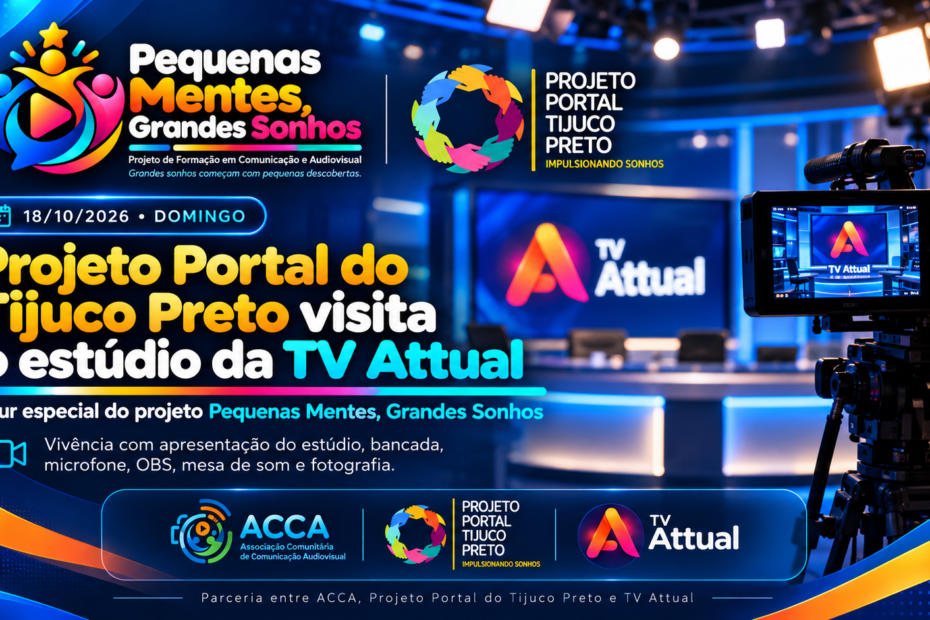 Integrantes do Projeto Portal do Tijuco Preto participam do projeto Pequenas Mentes, Grandes Sonhos durante visita ao estúdio da TV Attual em Caçapava.